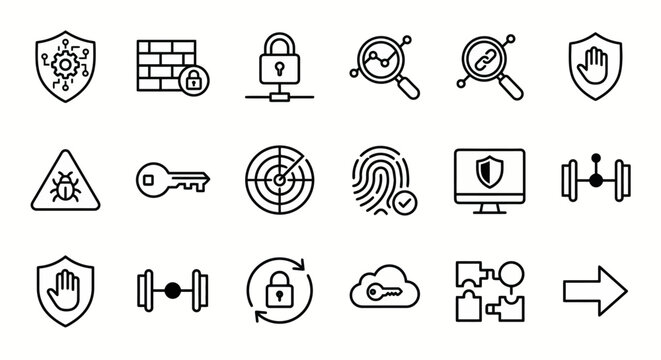 Line-style web icons for industrial cybersecurity and OT systems. Firewalls, network locks, and threat detection symbols collection. Clean vector illustration for security apps, IT/OT dashboards, and 