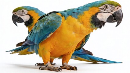 Fototapeta premium Two vibrant macaws showcasing beautiful plumage, symbolizing wildlife and biodiversity in nature.