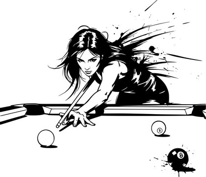 Female Pool Player Making Dynamic Shot in Billiards Game Illustration with Splash Effect, Cue Sport Action Concept for Competition Design and Sports Graphics