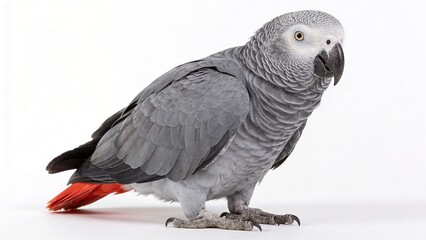 Fototapeta premium Close-up of an African Grey parrot on a white background, showcasing its vibrant feathers and intelligent expression, perfect for animal lovers and pet care.