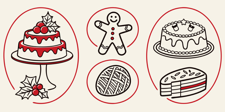 Red and black line of holiday desserts including cake and gingerbread food line red