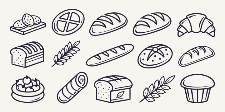 Various types of bread and baked goods loaf baguette croissant