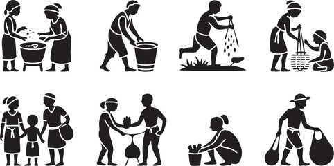 Obraz premium Rural villagers performing daily chores and work in silhouetted style on transparent background