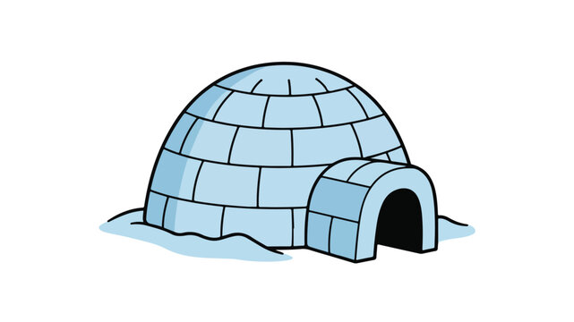 Illustration of a traditional Greenland igloo made of ice blocks with a snow-covered entrance tunnel on a white background