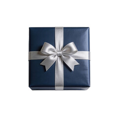 Obraz premium Navy blue gift box wrapped with a shimmering silver satin ribbon and decorative bow is isolated on a white background.
