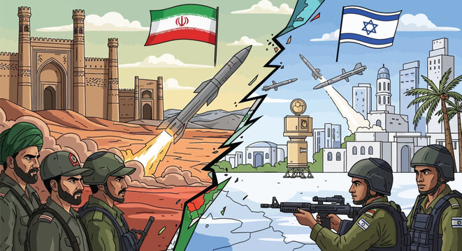 Stark split screen illustration representing geopolitical conflict between iran and israel with soldiers and missiles over landmark buildings and city