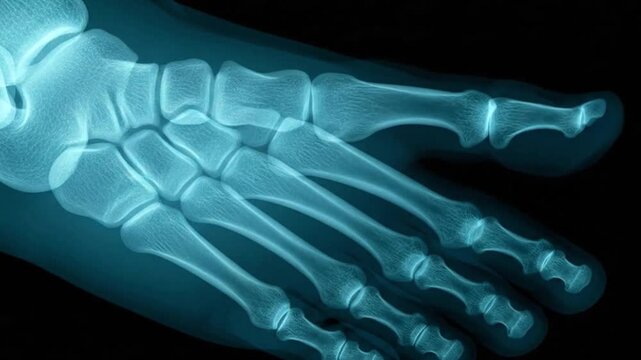 X ray of a human foot showing bones and toes