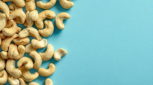 cashew nuts pile blue background on a blue background