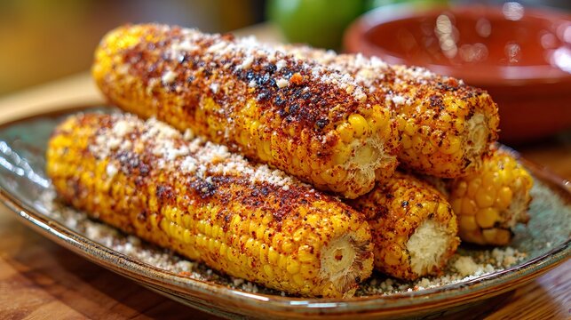 Spicy Mexican corn on a cob, coated with seasonings and cheese, is presented on a plate.