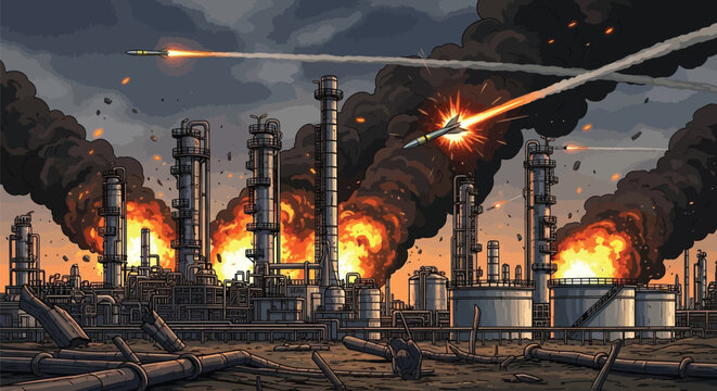 Nuclear explosion and missile attack on industrial oil refinery complex with explosions smoke and fire destruction concept