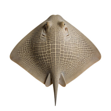 Reticulated freshwater stingray fish featuring a complex brown grid pattern on its skin is shown from a top-down view against a solid white background.