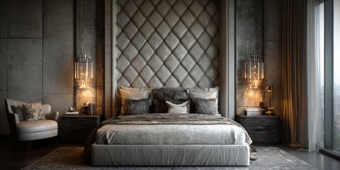 Fototapeta premium King bed styled with quilted headboard in modern bedroom