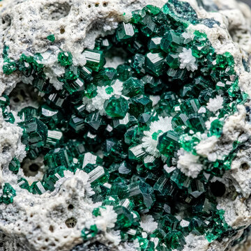 A stunning druse of vibrant green prismatic dioptase crystals densely covering the surface of a light brown weathered silicate rock vug.
