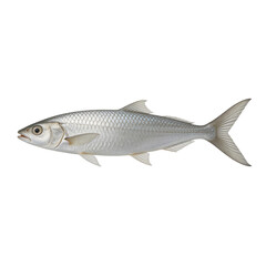 Obraz premium Silver bonefish illustration displays its sleek body, large eye, and intricate scale patterns on a clean white background.