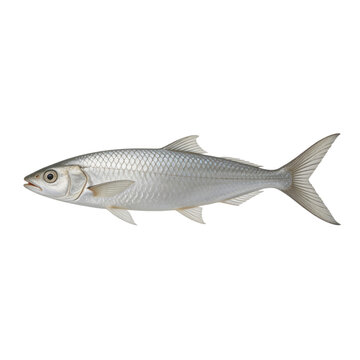 Silver bonefish illustration displays its sleek body, large eye, and intricate scale patterns on a clean white background.