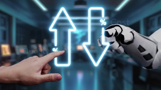 A human hand points towards a glowing digital graph illustrating an increase in quality and a decrease in cost, symbolizing advancements in technology and automation. Auvana