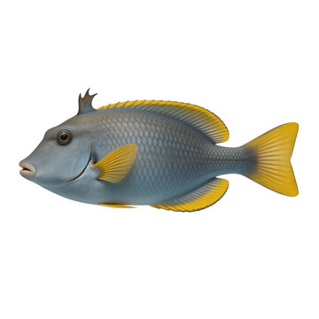 Grey triggerfish specimen displays vibrant yellow fins and tail while isolated on a clean white background, showcasing intricate scale patterns and a unique head crest.