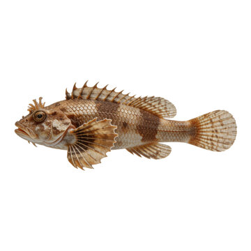 Cabezon fish features mottled brown and tan skin with spiny fins and prominent eyes isolated on a clean white background.