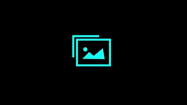 Minimalist turquoise icon depicting two overlapping frames with a mountain