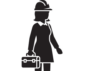 Fototapeta premium Businesswoman silhouette with briefcase and hard hat, black icon featuring professional, worker, laborer with female and office elements for