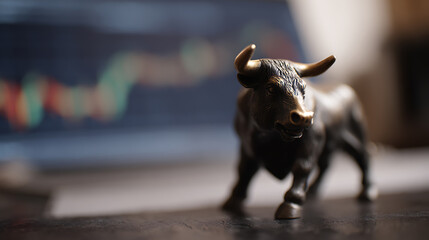 Fototapeta premium Dynamic Bull Figurine Stands Assertively on Desk, Financial Chart Blurs in Background, Symbolizing Strong Market Confidence and Growth Potential