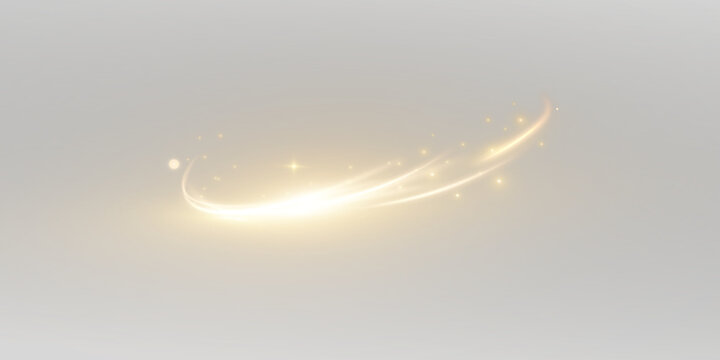 Golden light line on transparent background with smooth movement and glowing edges with gold particles and fairy dust for holiday, Christmas designs.