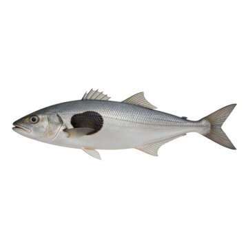 Silver blackspot seabream fish with a prominent dark patch behind its pectoral fin rests against a plain white background.