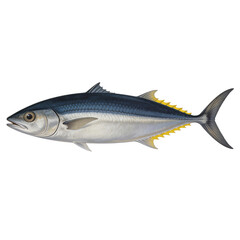 Fototapeta premium Yellowfin tuna fish swims horizontally against a plain white background in a detailed scientific illustration style.