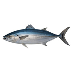 Obraz premium Albacore tuna fish swims across a white background displaying its metallic blue back and long pectoral fins in a detailed side profile illustration.