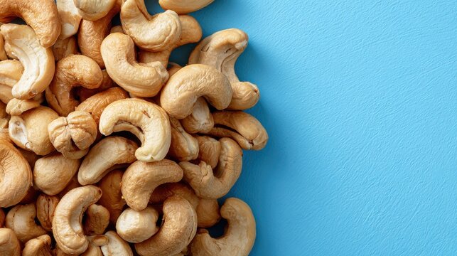 cashew nuts pile blue background on a blue background