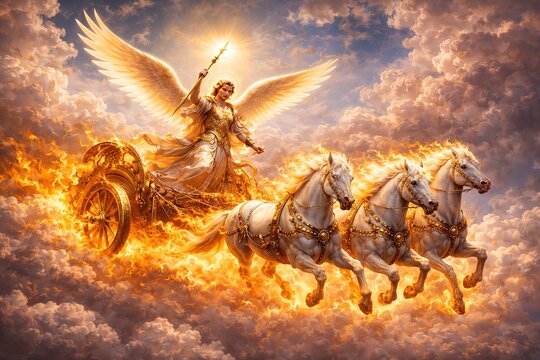 An angel in golden robes holds a scepter and drives a fiery chariot pulled by three white horses racing through the heavenly clouds