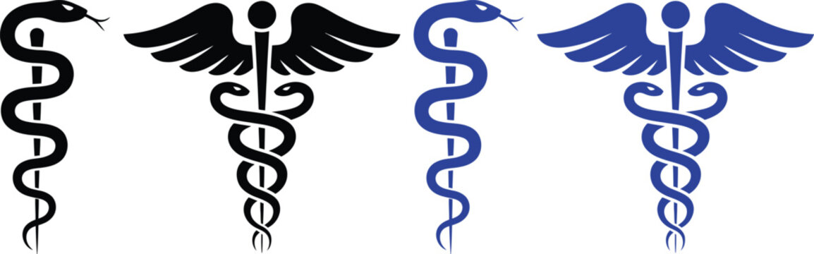 Contrast of black and blue caduceus and rod of asclepius medical symbols