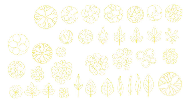Landscape Architecture Top View Vector Symbols &ndash; Trees, Plants, Shrubs Minimal Line Art Yellow Outline Set