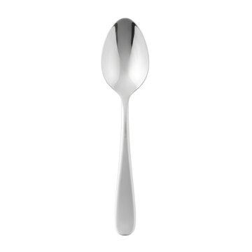 Polished stainless steel tablespoon rests vertically on a clean white background, reflecting bright  light on its smooth metallic surface.