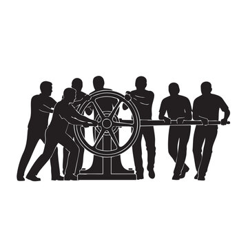 Silhouette illustration of a group of men pulling on a giant wheel, demonstrating teamwork and collective effort in a cooperative activity