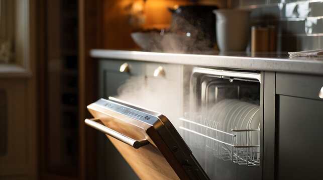 Kitchen appliance release steam after wash cycle, showcasing modern home technology and clean living, with focus on domestic convenience and hygiene