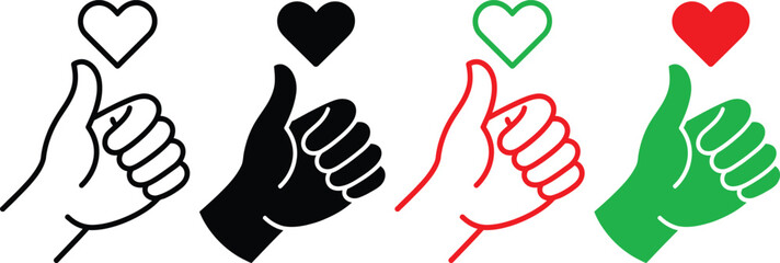 Obraz premium Four thumbs-up gestures with different colored heart symbols