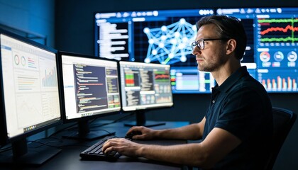 Fototapeta premium The power of digital technology with a focus on a software engineer utilizing a computer with lines of code, data analysis, and AI algorithms to improve business operations 