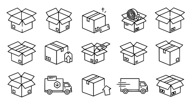 Boxes cardboard icon set with open and closed lids, trucks, and shipping symbols featuring delivery, truck, package