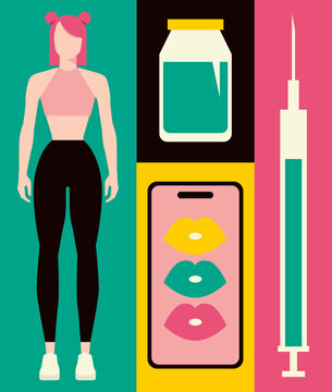 Aesthetic medicine and cosmetic treatment concept with female character and syringe