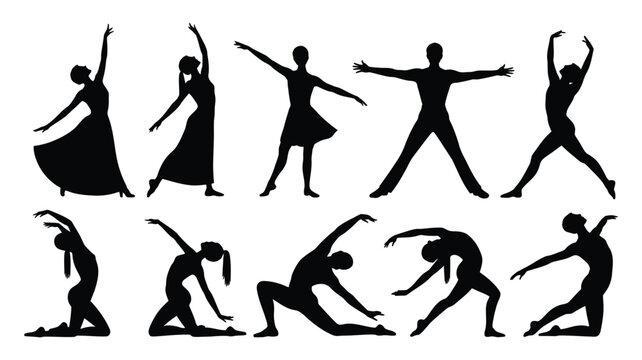 A collection of dancers in various poses and styles showcasing their artistry and grace, expressive dance figures capturing movement, performance, and choreography for artistic