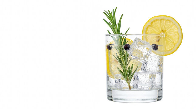 Refreshing gin and tonic cocktail with juniper berries and lemon slice in chilled glass on white background