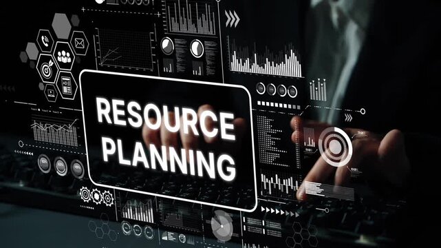 Business professional using digital tools for resource planning and management analytics on a modern workspace with data visualization. Asymptotic smart data analytic.