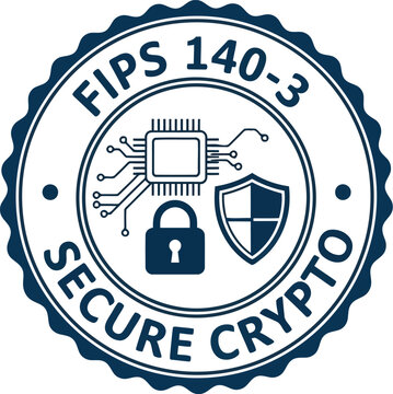 Fips 140 3 secure crypto stamp circular emblem with microchip, lock, and shield, indicates validated cryptographic module for secure technology