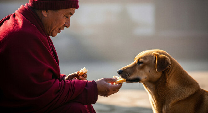 Monk feeding a dog in the morning light during a pilgrimage of Theravada Buddhist monks led by Bhikkhu Pannakari that took place in early 2026  