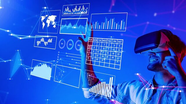 Young man enjoying virtual reality experience with data visualizations, interactive graphs, and global maps in a futuristic technology setting Gluon.