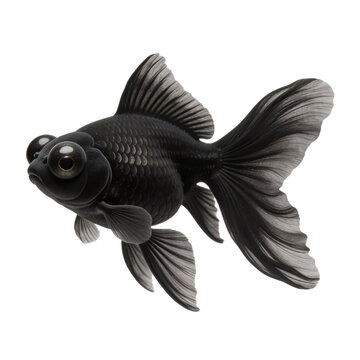 Black Moor goldfish with prominent telescope eyes and elegant flowing fins swims in profile against a clean white background.