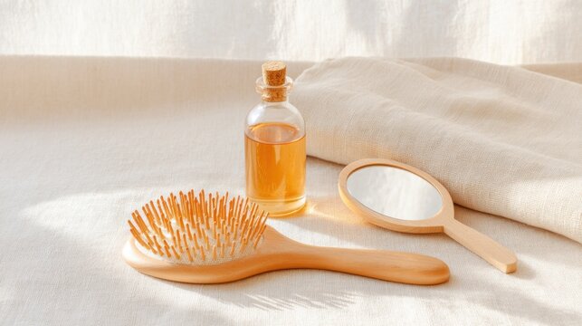 A wooden hairbrush, a small glass bottle of amber oil, and an oval handheld mirror on a linen cloth. Soft morning light, wellness and self care atmosphere