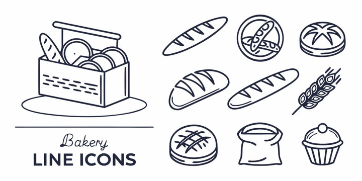 Bakery line including bread and pastries line bread food black and white