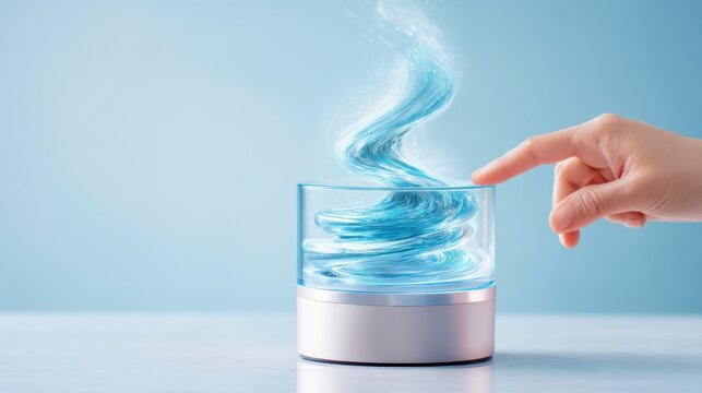 activating water, energy device, wellness routine, tech gadget concept, a hand pressing a button on a sleek device base, the water inside the glass container
